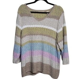 Kate Hill 2X Crochet Knit Sweater‎ Striped Pastel Colors V Neck Long Sleeve